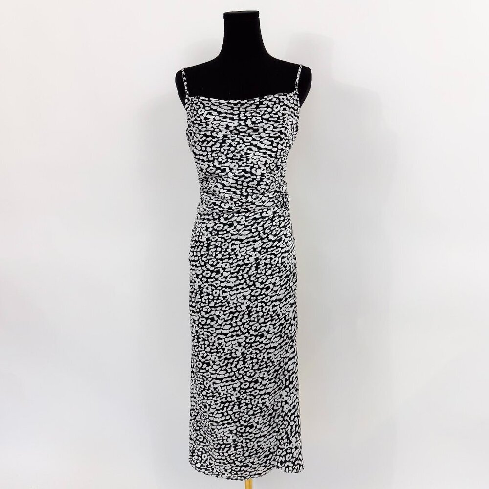 90S STYLE SATIN SLIP DRESS DRAPED COWL NECK BLACK AND WHITE LEOPARD PRINT - Picture 1 of 8